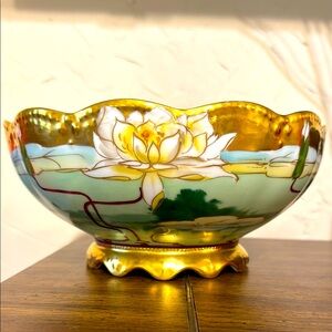 ATQ Pickard T&V Limoges Gold Gilt Encrust floral Footed Bowl Signed 9.5” FRANCE